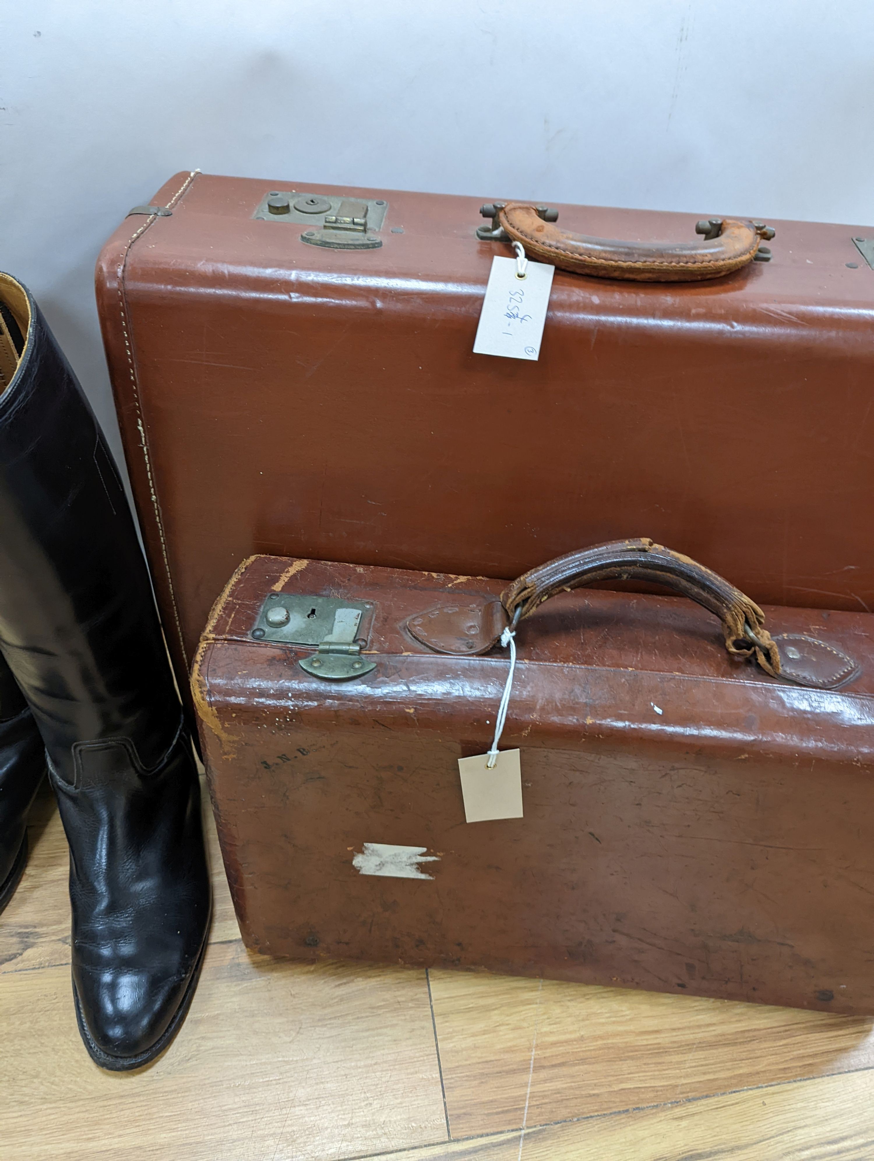 A pair of gents riding boots and 2 vintage cases, largest case, 48 cms high x 62 cms wide